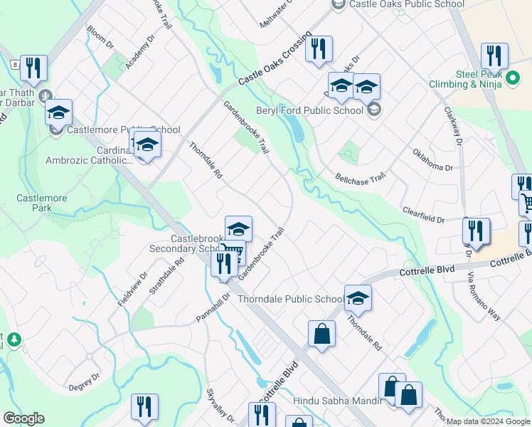 map of restaurants, bars, coffee shops, grocery stores, and more near 201 Thorndale Road in Brampton