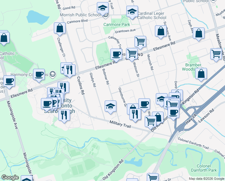 map of restaurants, bars, coffee shops, grocery stores, and more near in Toronto