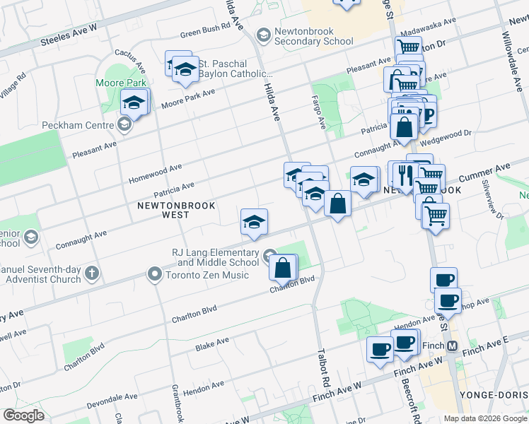 map of restaurants, bars, coffee shops, grocery stores, and more near 29 Manadon Drive in Toronto