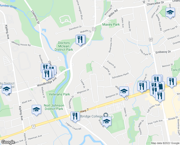 map of restaurants, bars, coffee shops, grocery stores, and more near 172 Wigwoss Drive in Vaughan