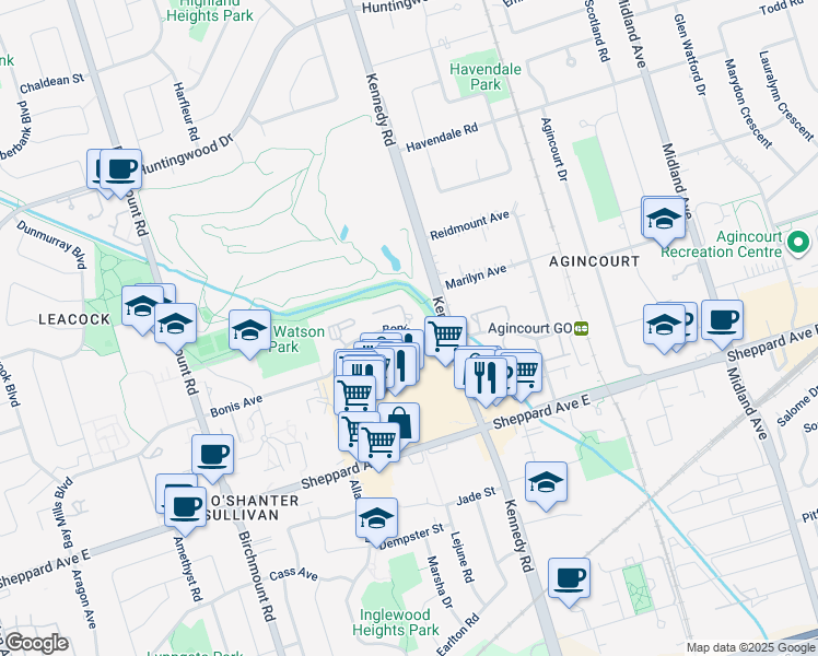 map of restaurants, bars, coffee shops, grocery stores, and more near 228 Bonis Avenue in Toronto