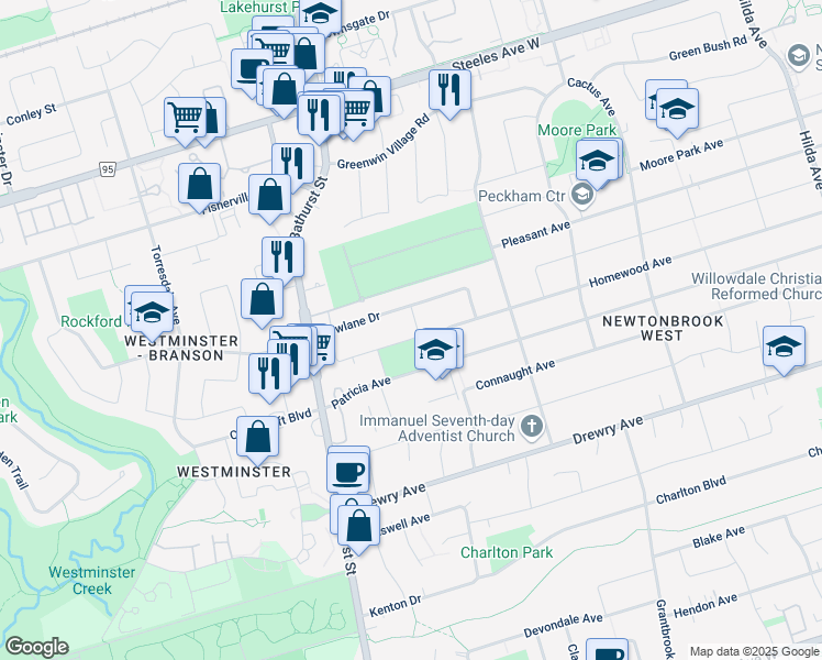 map of restaurants, bars, coffee shops, grocery stores, and more near 18 Lissom Crescent in Toronto
