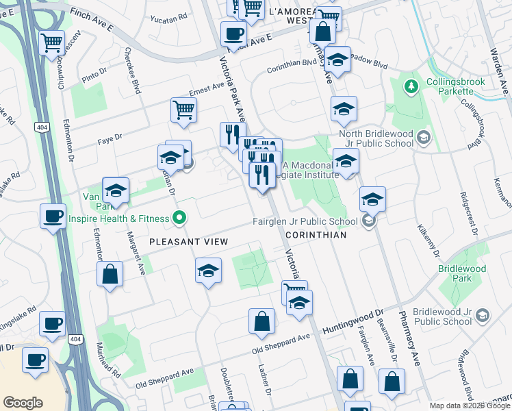 map of restaurants, bars, coffee shops, grocery stores, and more near 15 Clipper Road in Toronto