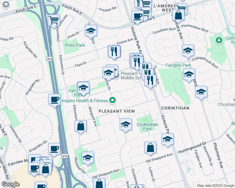 map of restaurants, bars, coffee shops, grocery stores, and more near 65 Bowhill Crescent in Toronto