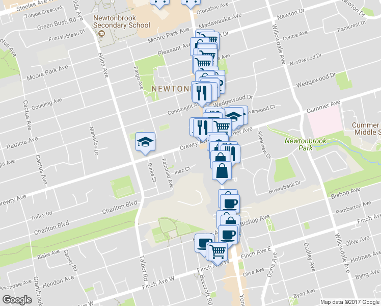 map of restaurants, bars, coffee shops, grocery stores, and more near 33 Drewry Avenue in Toronto