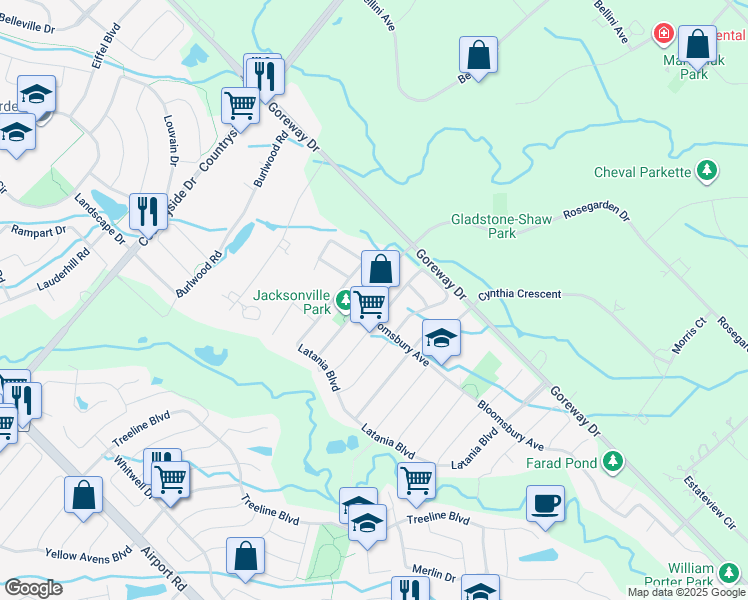 map of restaurants, bars, coffee shops, grocery stores, and more near 64 Supino Crescent in Brampton