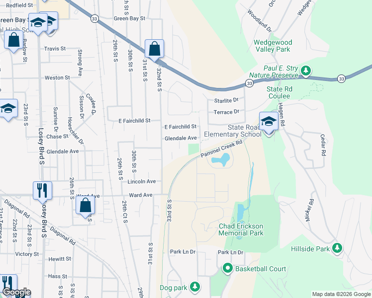 map of restaurants, bars, coffee shops, grocery stores, and more near 3304 Glendale Avenue in La Crosse