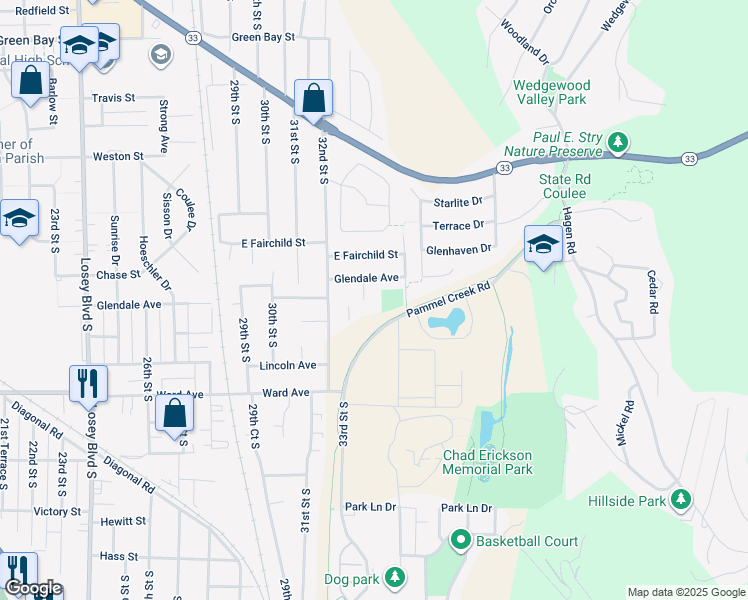 map of restaurants, bars, coffee shops, grocery stores, and more near 3304 Glendale Avenue in La Crosse