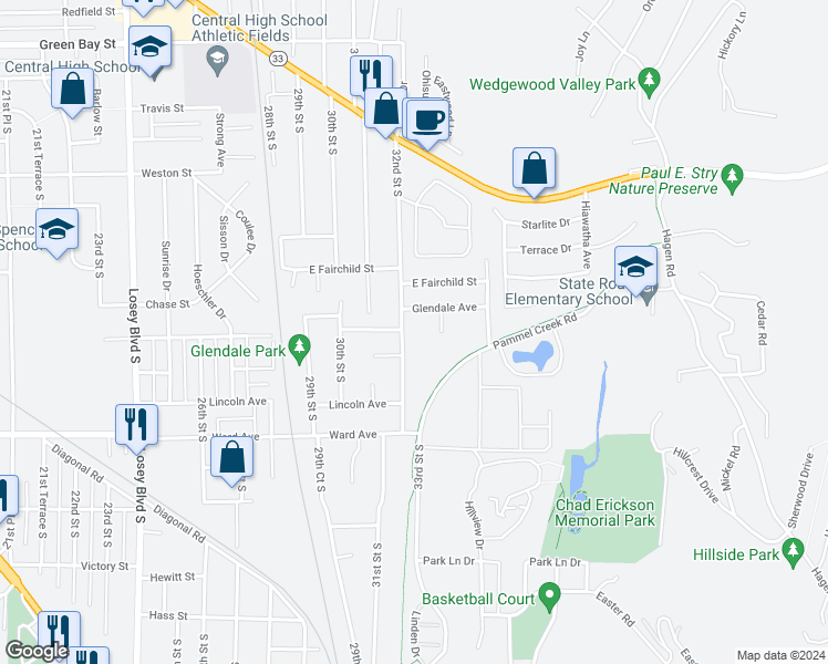 map of restaurants, bars, coffee shops, grocery stores, and more near 3204 Glendale Avenue in La Crosse