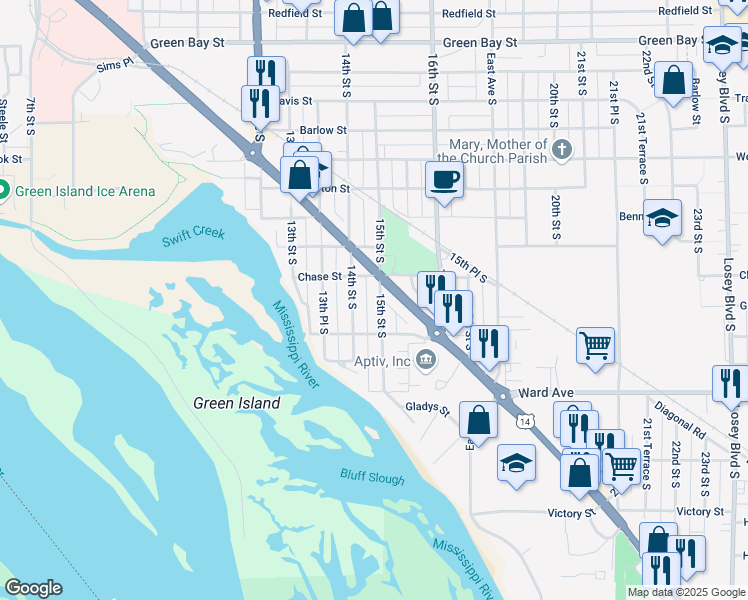 map of restaurants, bars, coffee shops, grocery stores, and more near 2800 South Avenue in La Crosse