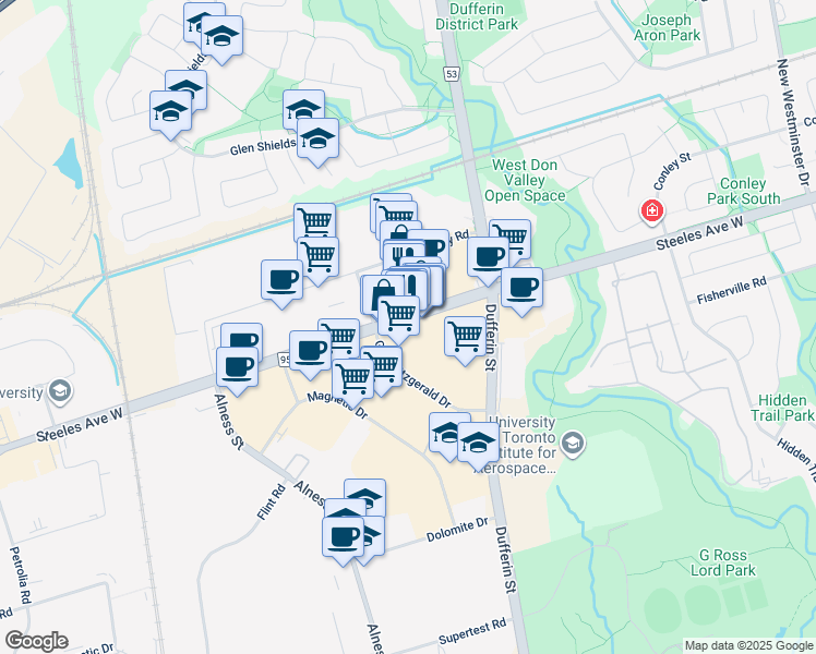 map of restaurants, bars, coffee shops, grocery stores, and more near 2071 Steeles Avenue West in Toronto