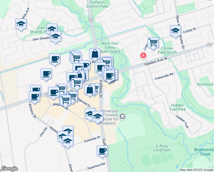 map of restaurants, bars, coffee shops, grocery stores, and more near 1881 Steeles Avenue West in Toronto