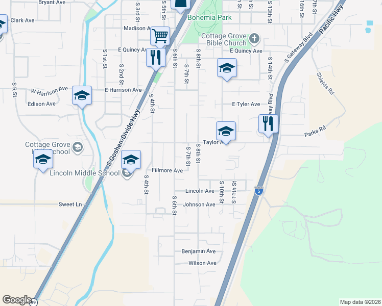 map of restaurants, bars, coffee shops, grocery stores, and more near in Cottage Grove