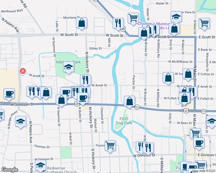 map of restaurants, bars, coffee shops, grocery stores, and more near 321 West Arndt Street in Fond du Lac