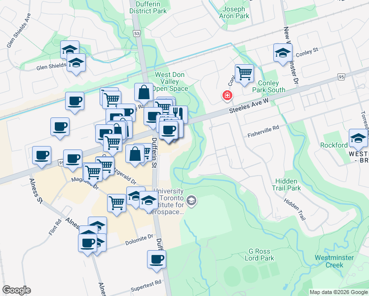map of restaurants, bars, coffee shops, grocery stores, and more near 1875 Steeles Avenue West in Toronto
