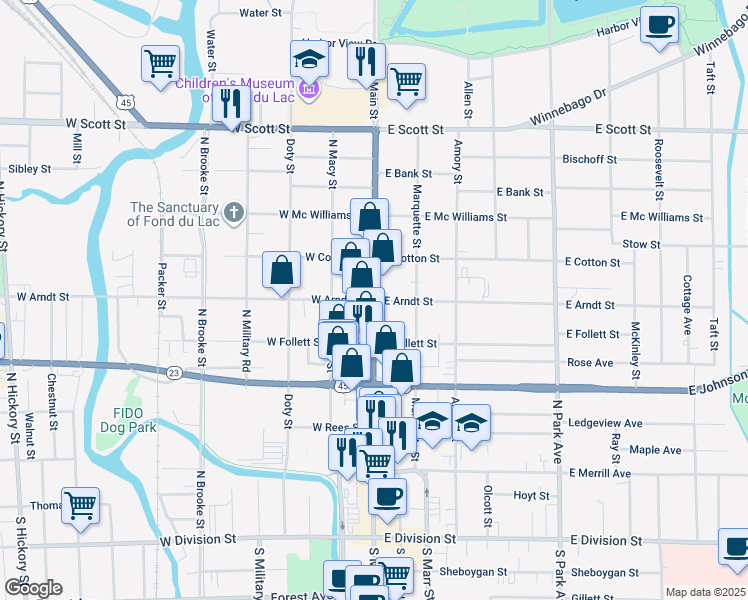 map of restaurants, bars, coffee shops, grocery stores, and more near 1 West Arndt Street in Fond du Lac