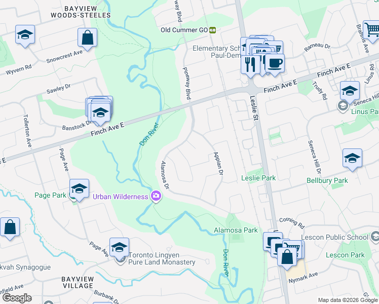 map of restaurants, bars, coffee shops, grocery stores, and more near 8 Boldmere Crescent in Toronto