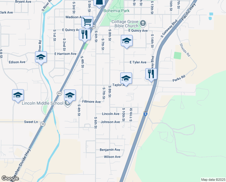 map of restaurants, bars, coffee shops, grocery stores, and more near 1310 South 8th Street in Cottage Grove