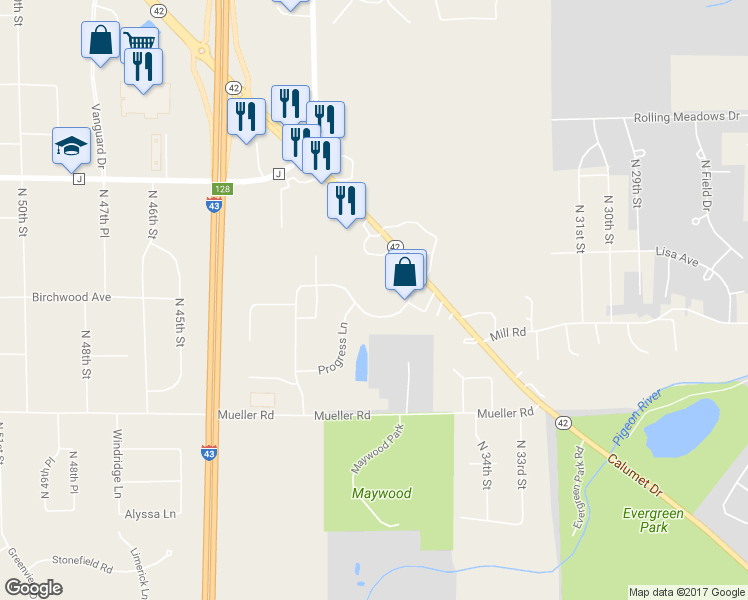map of restaurants, bars, coffee shops, grocery stores, and more near 3838 Enterprise Drive in Sheboygan