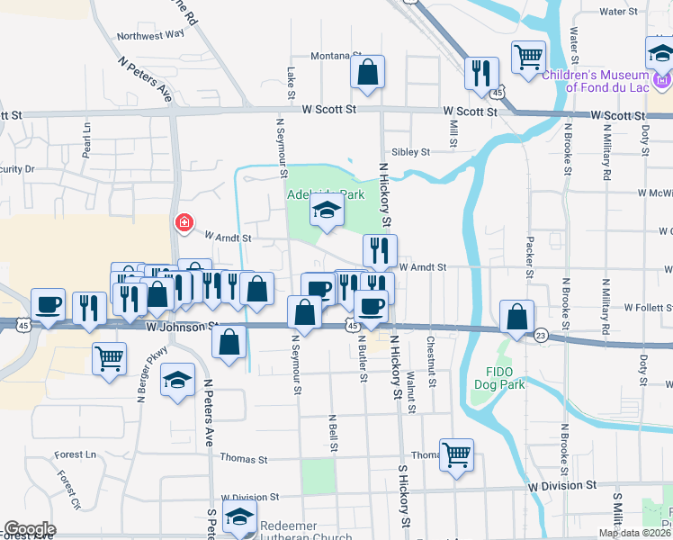 map of restaurants, bars, coffee shops, grocery stores, and more near 478 West Arndt Street in Fond du Lac