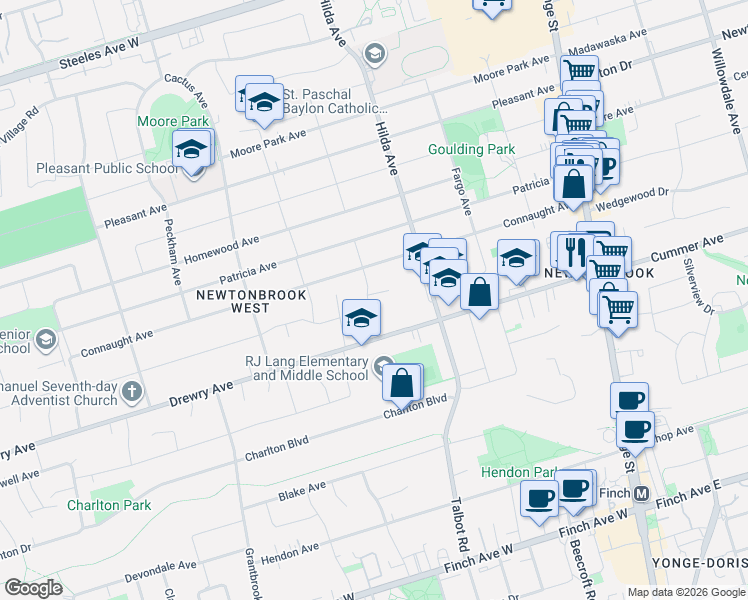 map of restaurants, bars, coffee shops, grocery stores, and more near 27 Manadon Drive in Toronto