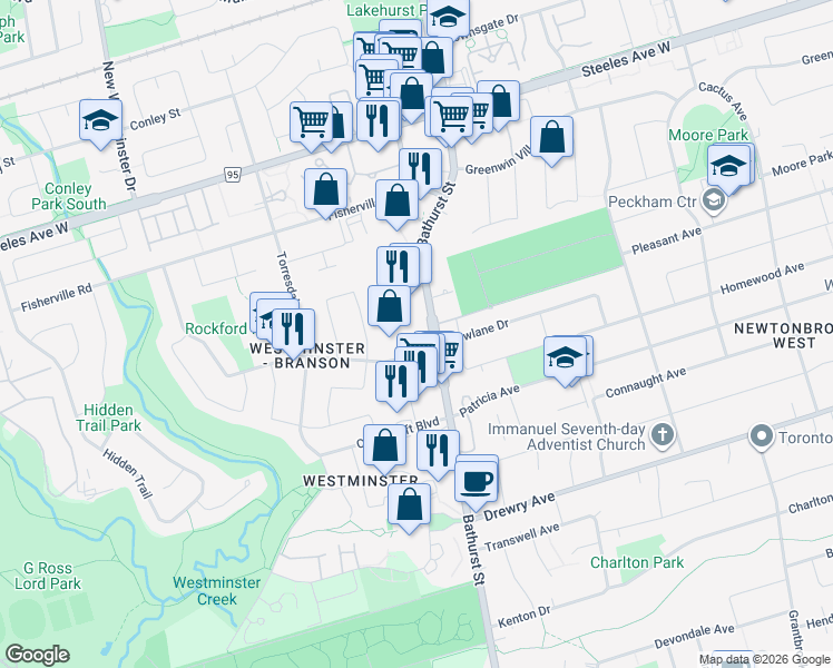 map of restaurants, bars, coffee shops, grocery stores, and more near 6010 Bathurst Street in Toronto