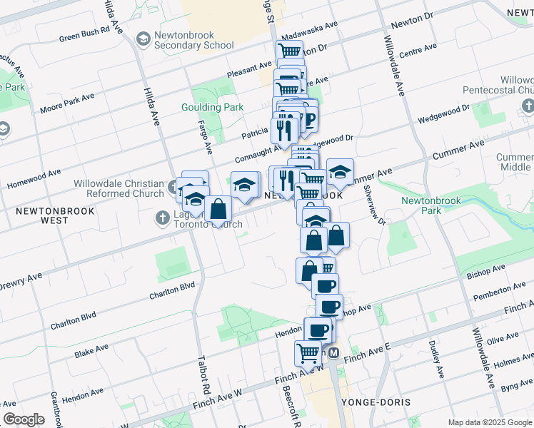 map of restaurants, bars, coffee shops, grocery stores, and more near 39 Drewry Avenue in Toronto