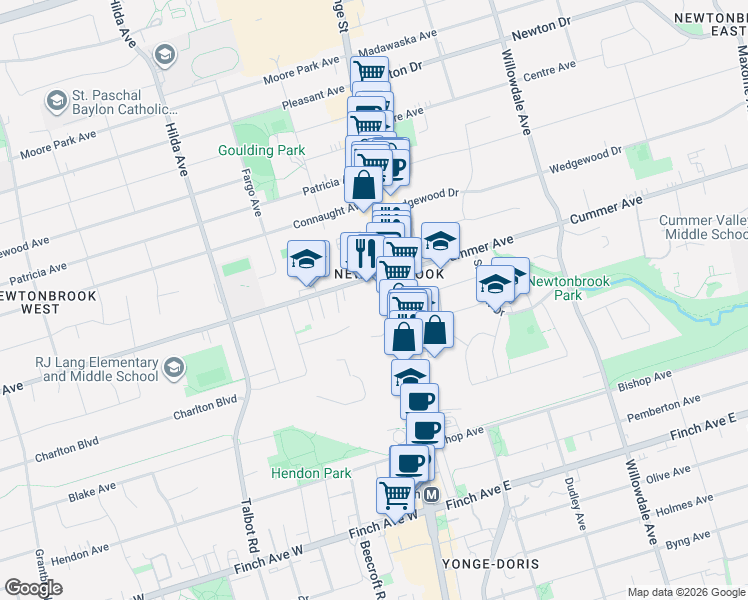 map of restaurants, bars, coffee shops, grocery stores, and more near 5900 Yonge Street in Toronto