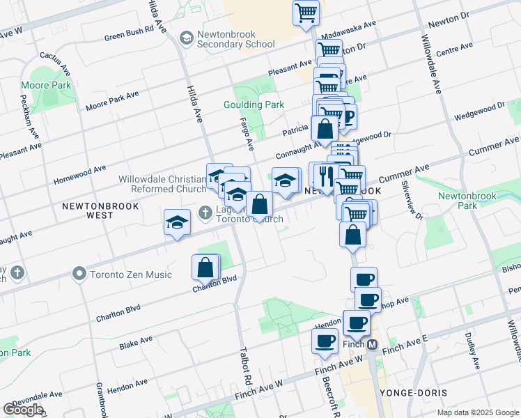 map of restaurants, bars, coffee shops, grocery stores, and more near 102 Drewry Avenue in Toronto