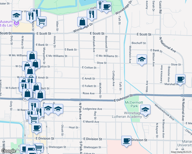 map of restaurants, bars, coffee shops, grocery stores, and more near 275 East Arndt Street in Fond du Lac