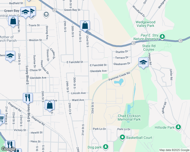 map of restaurants, bars, coffee shops, grocery stores, and more near 3304 Glendale Avenue in La Crosse