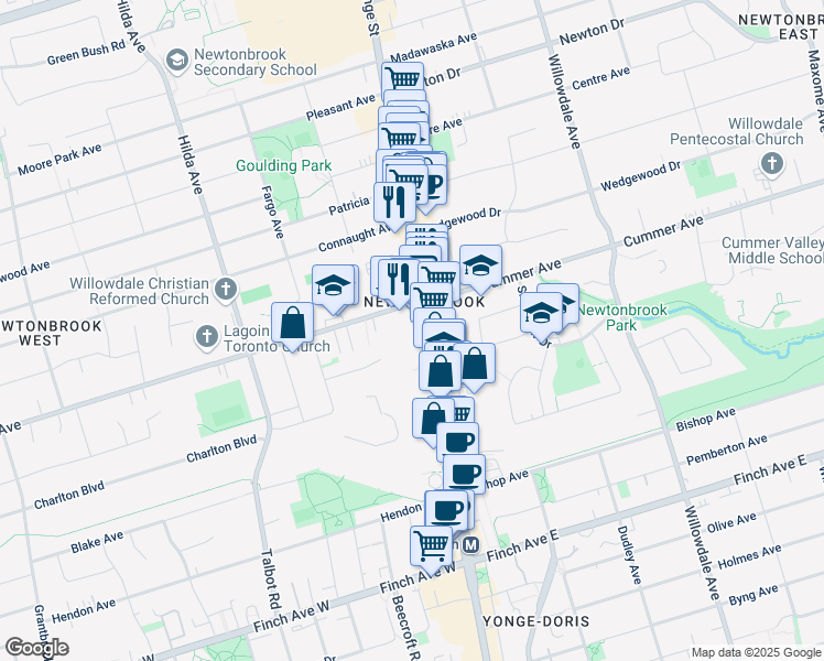 map of restaurants, bars, coffee shops, grocery stores, and more near 5900 Yonge Street in Toronto