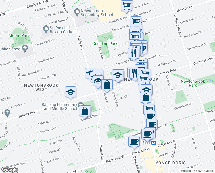 map of restaurants, bars, coffee shops, grocery stores, and more near 102 Drewry Avenue in Toronto