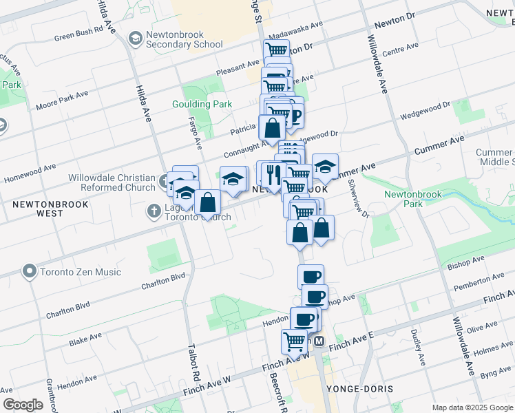 map of restaurants, bars, coffee shops, grocery stores, and more near 33 Drewry Avenue in Toronto