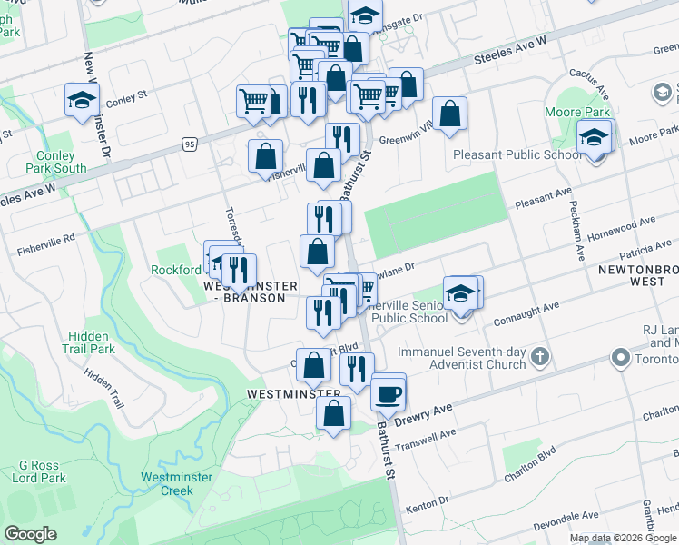 map of restaurants, bars, coffee shops, grocery stores, and more near 12 Rockford Road in Toronto