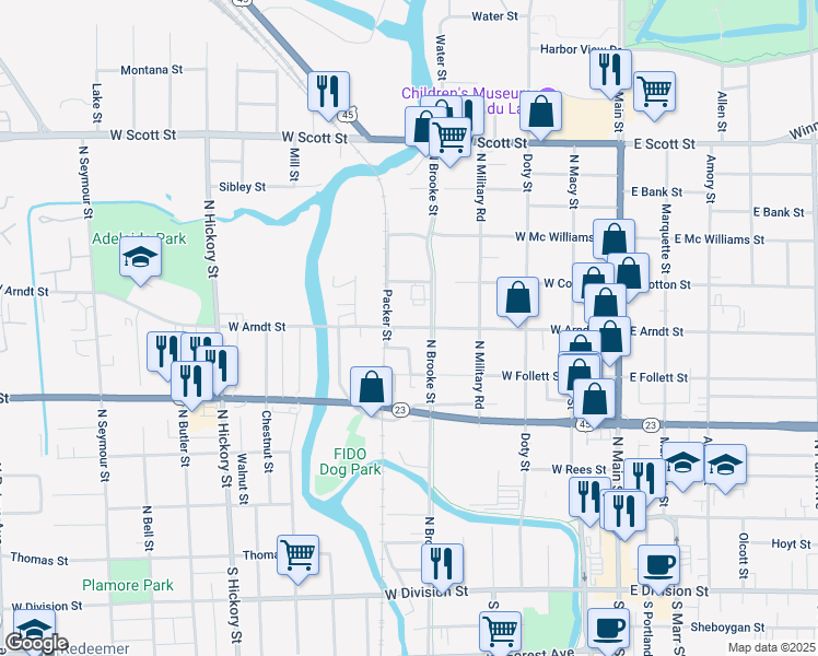 map of restaurants, bars, coffee shops, grocery stores, and more near 217 West Arndt Street in Fond du Lac