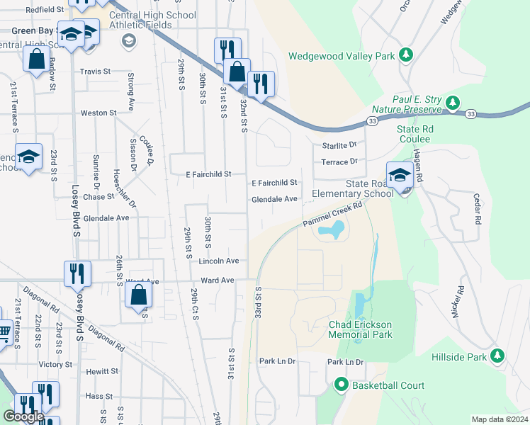map of restaurants, bars, coffee shops, grocery stores, and more near 3304 Glendale Avenue in La Crosse