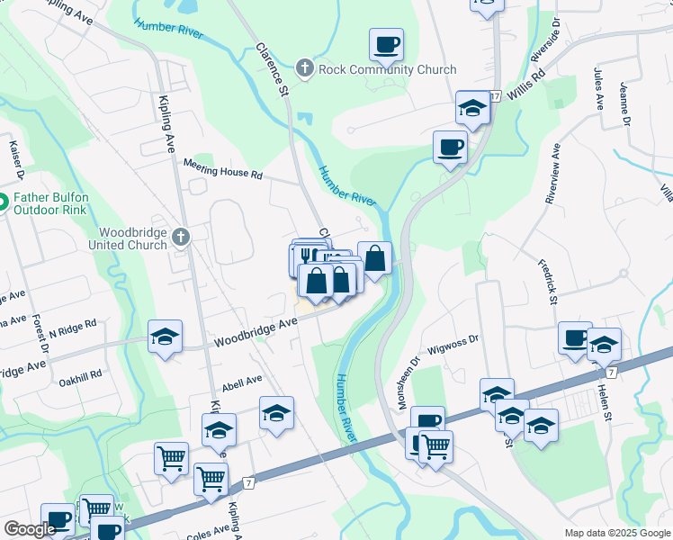 map of restaurants, bars, coffee shops, grocery stores, and more near 86 Woodbridge Avenue in Vaughan
