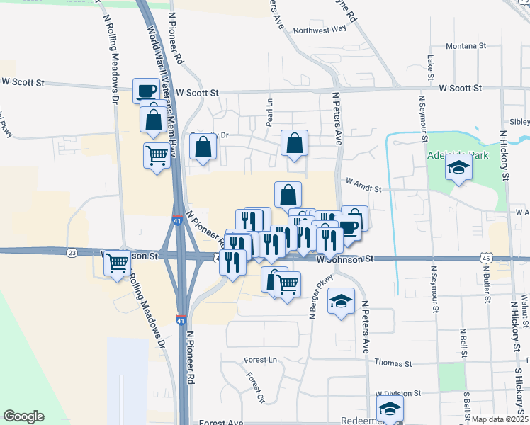 map of restaurants, bars, coffee shops, grocery stores, and more near 835 West Johnson Street in Fond du Lac