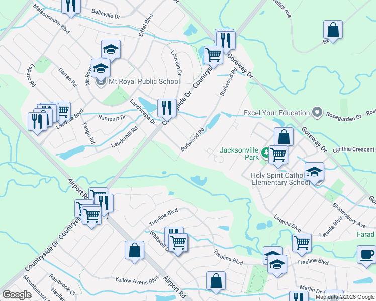 map of restaurants, bars, coffee shops, grocery stores, and more near 55 Burlwood Road in Brampton