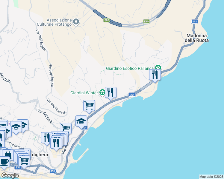 map of restaurants, bars, coffee shops, grocery stores, and more near 30 Strada della Cava in Bordighera