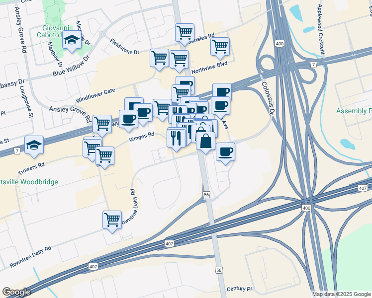 map of restaurants, bars, coffee shops, grocery stores, and more near 7540 Weston Road in Vaughan