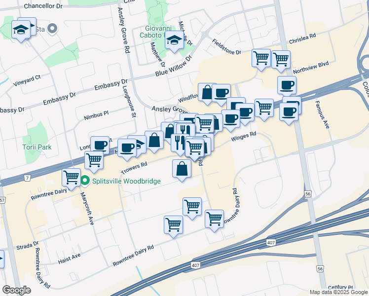 map of restaurants, bars, coffee shops, grocery stores, and more near in Vaughan