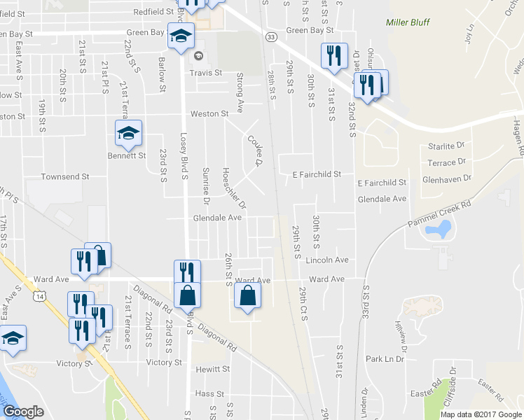 map of restaurants, bars, coffee shops, grocery stores, and more near 2721 Glendale Avenue in La Crosse