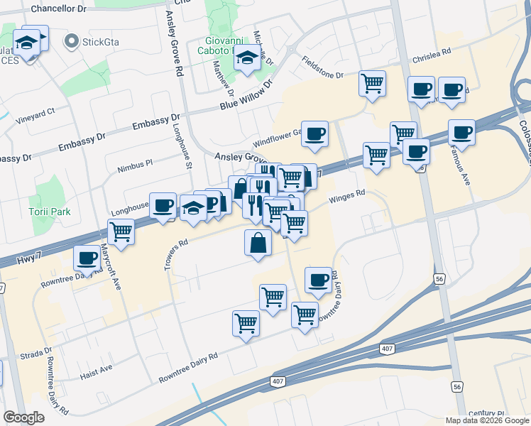 map of restaurants, bars, coffee shops, grocery stores, and more near 200 Whitmore Road in Vaughan