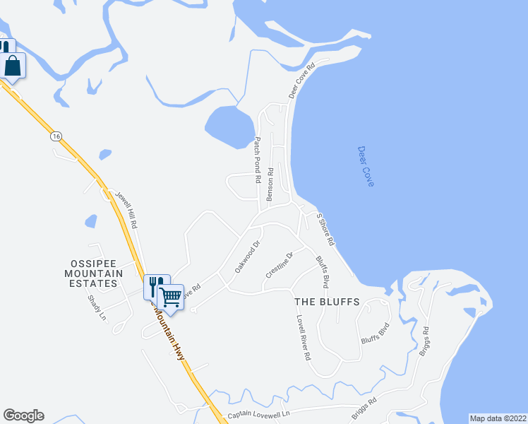 map of restaurants, bars, coffee shops, grocery stores, and more near 54A Deer Cove Road in Ossipee