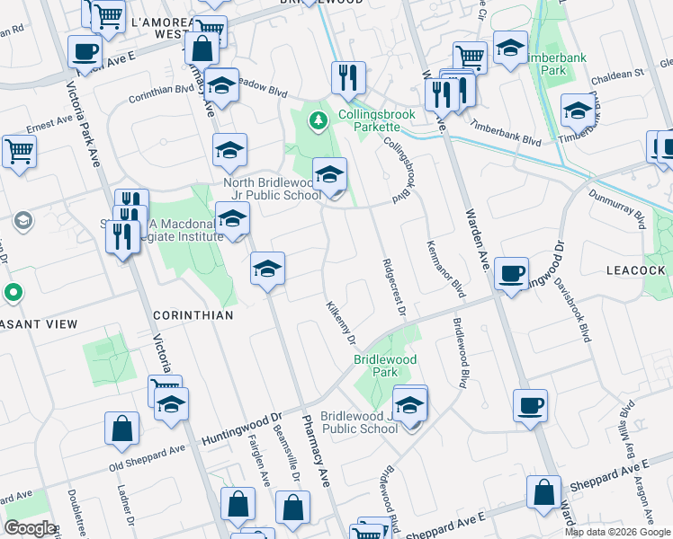 map of restaurants, bars, coffee shops, grocery stores, and more near in Toronto