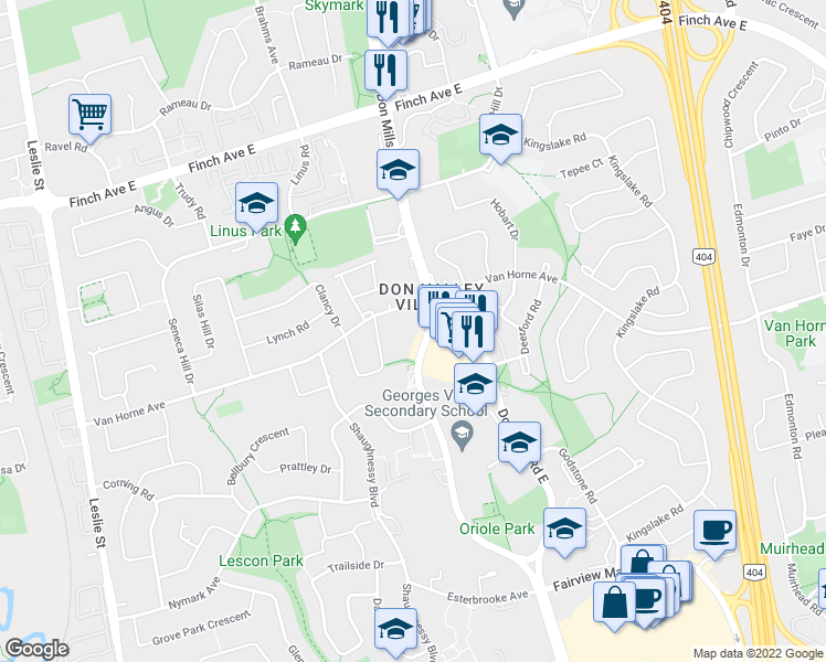 map of restaurants, bars, coffee shops, grocery stores, and more near 3078 Don Mills Road East in Toronto