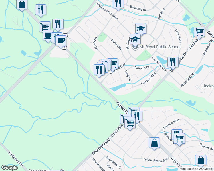 map of restaurants, bars, coffee shops, grocery stores, and more near 28 Prada Court in Brampton