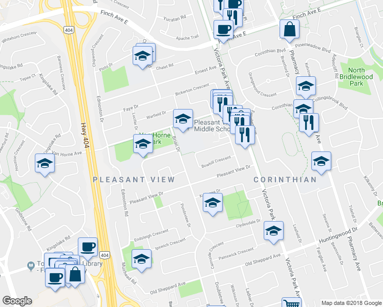 map of restaurants, bars, coffee shops, grocery stores, and more near 65 Bowhill Crescent in Toronto